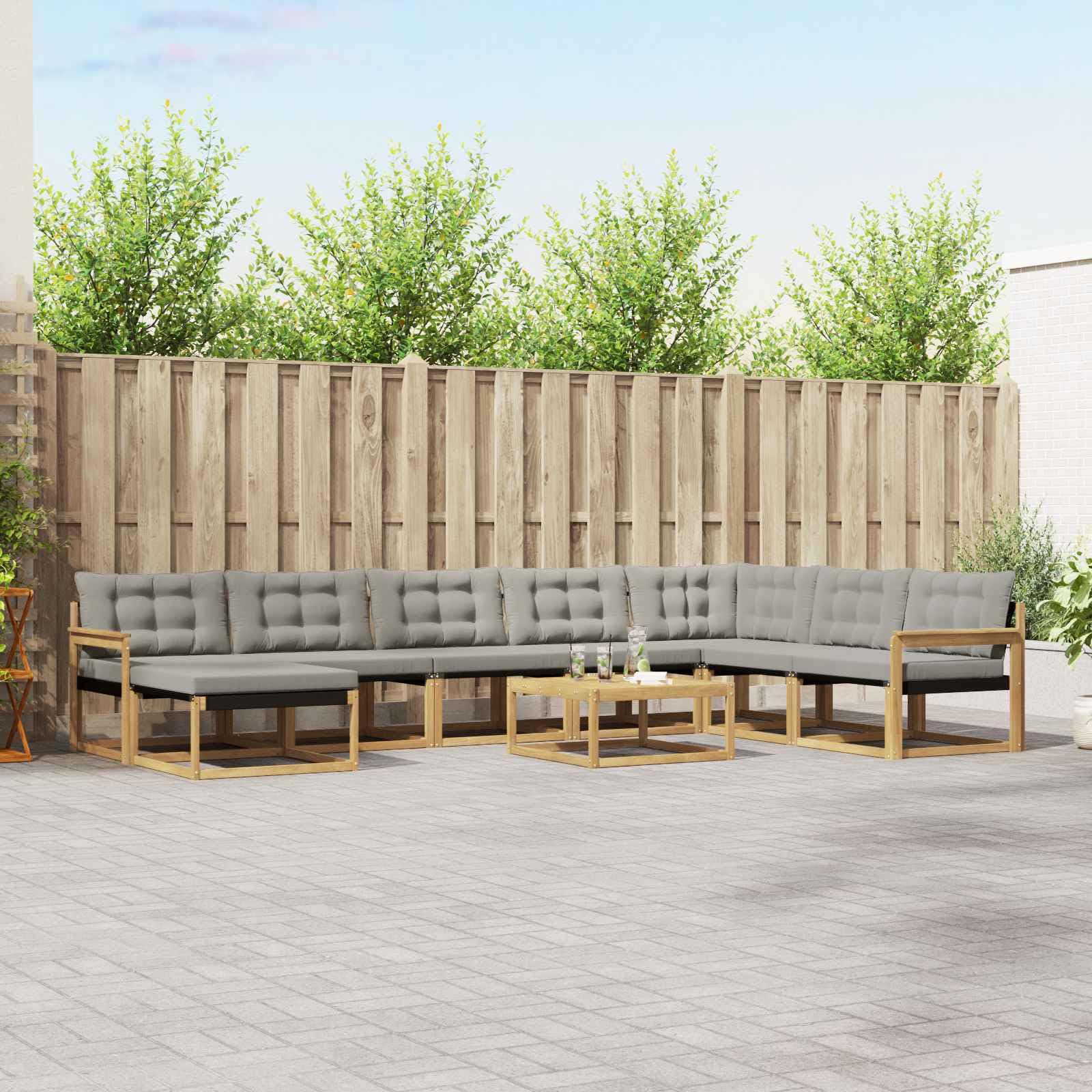 Gartenmöbelgarnitur Set 9-teilig aus massivem Akazienholz wetterfest Moderne Sitzgruppe für Terrasse Balkon Garten Esszimmer Wohnzimmer mit Tisch, Sofas, Sesseln, Aufbewahrung