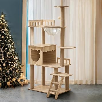 Mdpetpops 135CM Cat Tower,Multi-Level Pure Wood-Modern Tree Tower with Condo, Stairs, Bowl,9 Sisal Scratching Posts, Top Perch, Toy Balls,Cat Tree for Indoor Cats Large Adult KT-022