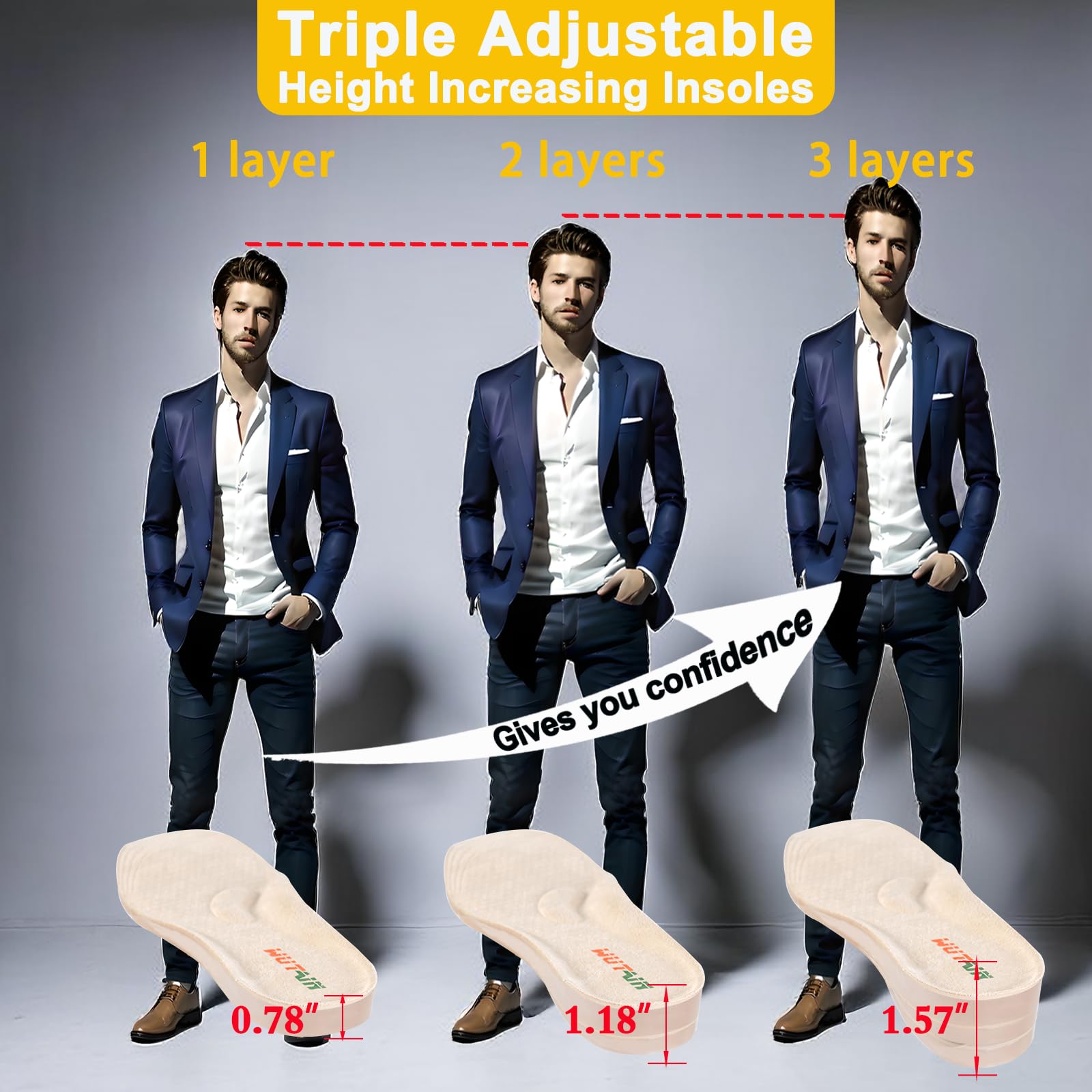 WUTAIN Plantillas de aumento de altura ajustable para mujeres y hombres, 3 capas de gel para elevación de talón para discrepancia de longitud de pierna, dolor de talón, espolones, tendinitis de
