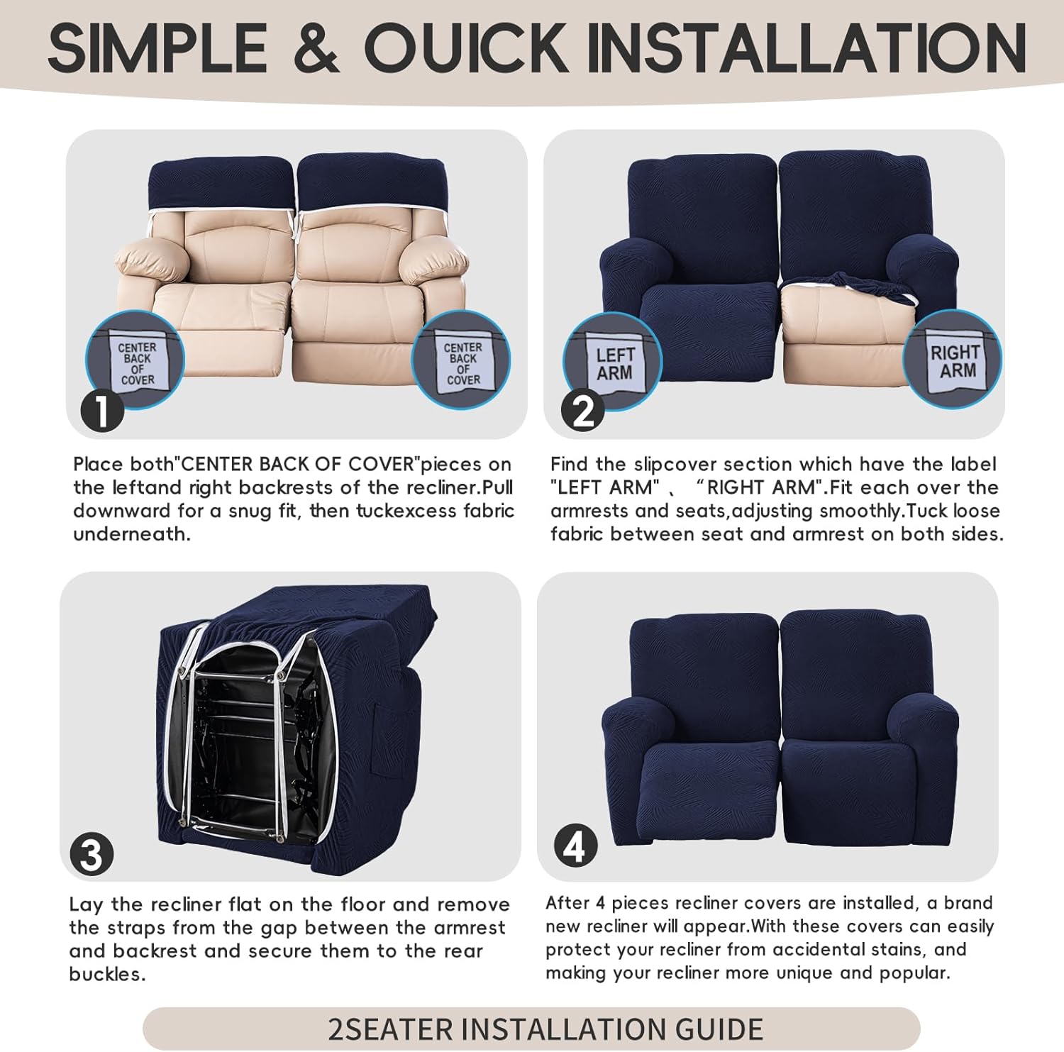 Recliner Loveseat Covers,Stretch Geometric Strokes Jacquard Reclining Chair Slipcovers,Furniture Protector with Side Pocket,Soft Breathable Couch Cover for Pet Kid,2 Seater Navy Blue