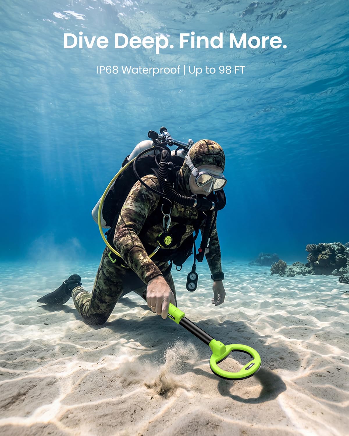Detector de metales subacuático para adultos, IP68 totalmente impermeable hasta 98 pies | Pinpointer de mano recargable de 1600 mAh, buscador de oro de alta sensibilidad para buceo, playa y caza de tesoros