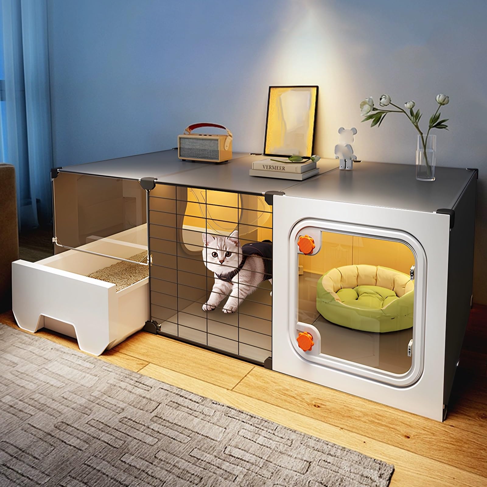 Cage pour Chat D'intérieur, Parc Chat à 1 Niveau, Simple Cage Transport Chat, Transport Chat Caisses en Plastique Épaisses pour Chats D'intérieur avec Bac à Litière(Black,105*45*35cm/41*18*14i