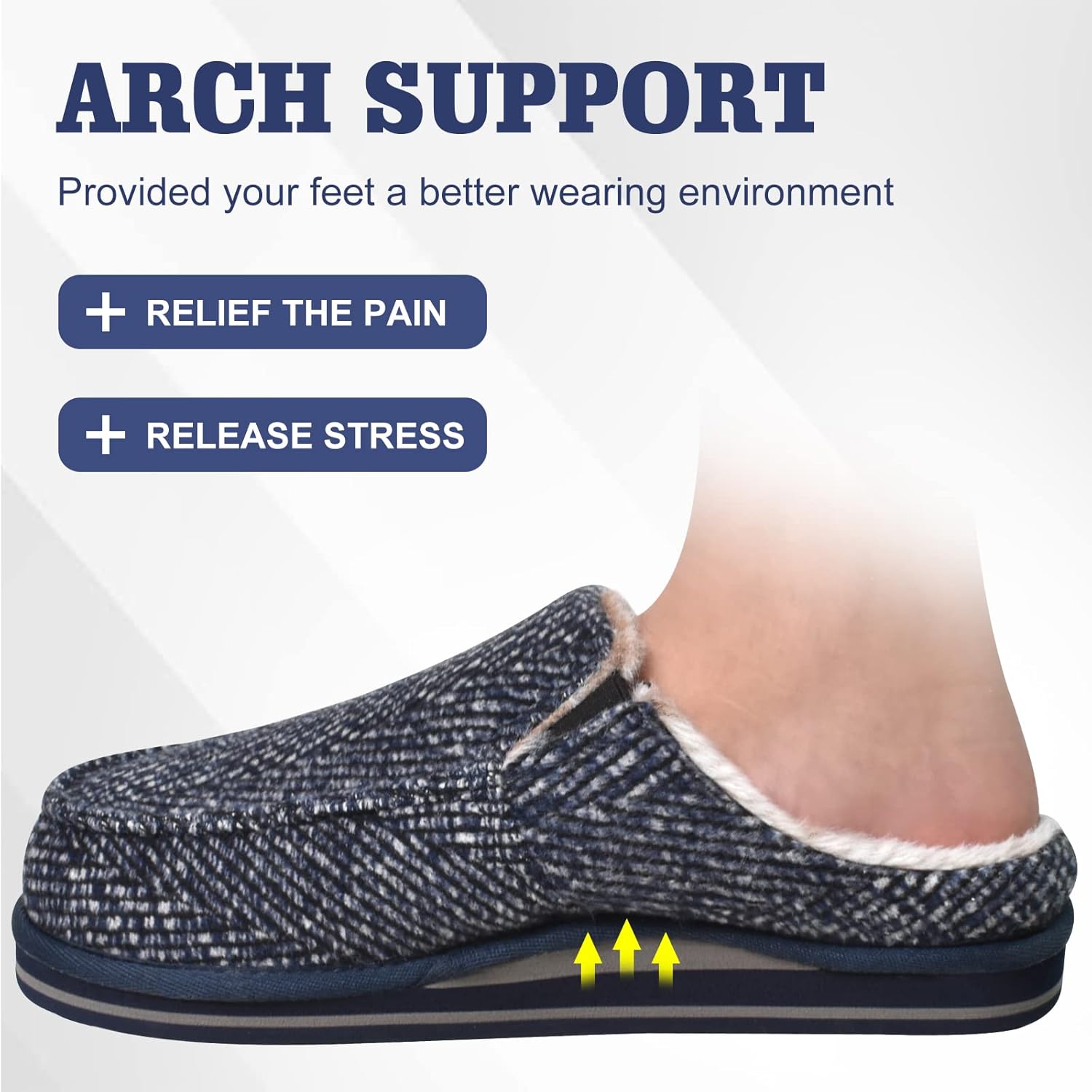 ONCAI Mens Clog Slippers with Arch Support Stripe Faux Fur Cotton-Blend High-Density Memory Foam Warm House Slippers Slip-on Indoor Outdoor Rubber Sole Size 7-16 - Image 5