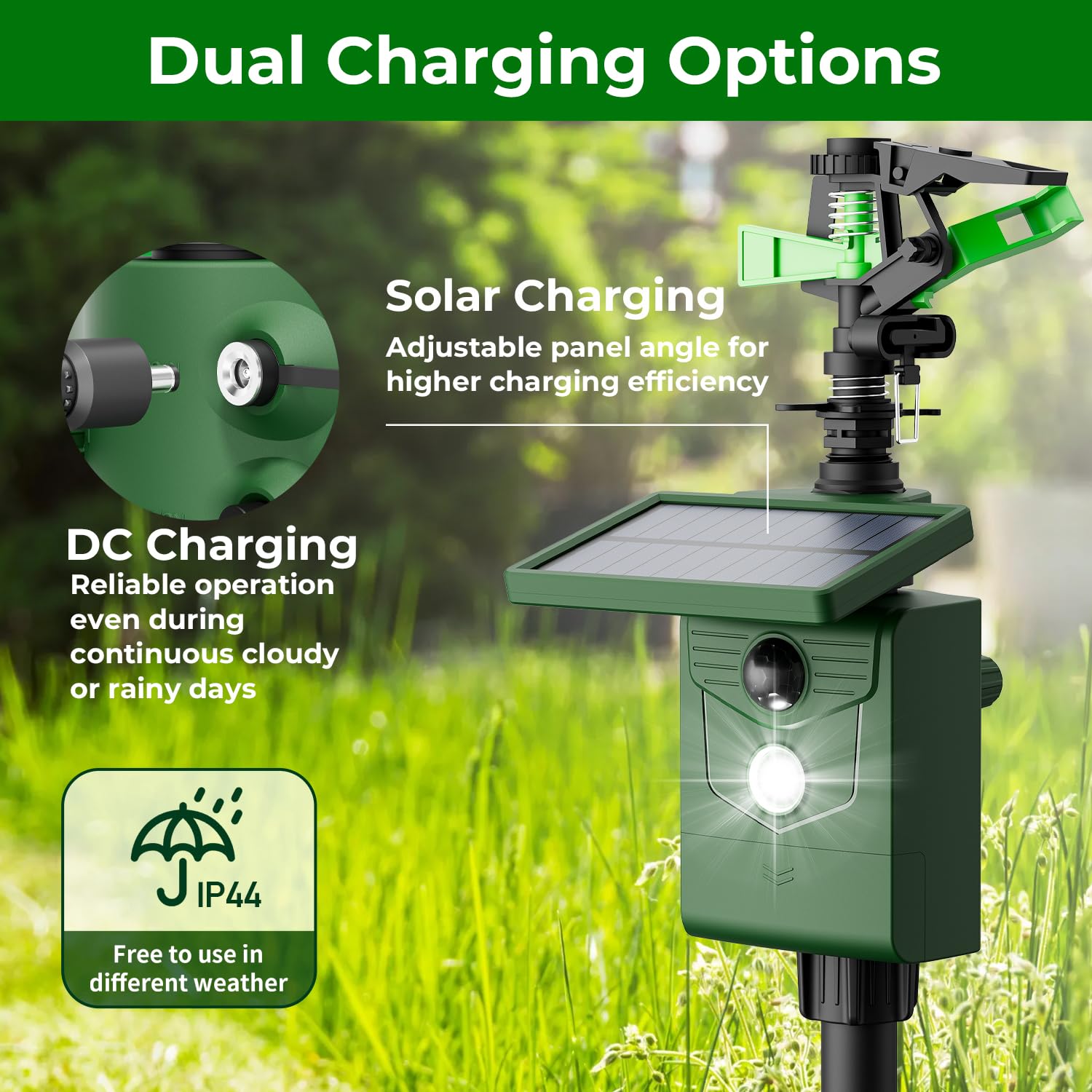 Ahuyentador de animales por chorro de agua, ahuyentador de aves, para jardín y estanque, carga USB/carga solar en dos modos, detector de movimiento PIR, ahuyentador de pájaros