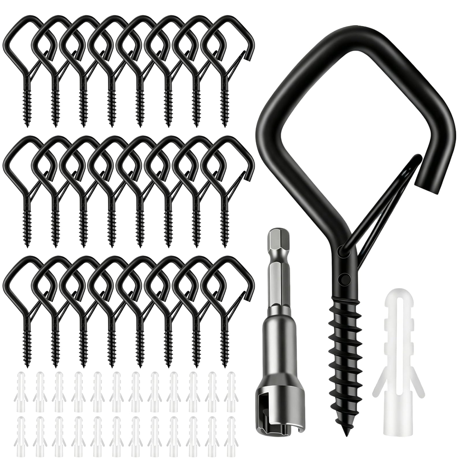Xiansini 25 Pack Screw in Hooks with Driver Tool, Black Q Hanger Hooks with Safety Buckle, Ceiling Hooks Heavy Duty for Outdoor String Lights, Plants, Garden, Wall & Wood, Screw Hooks for Hanging