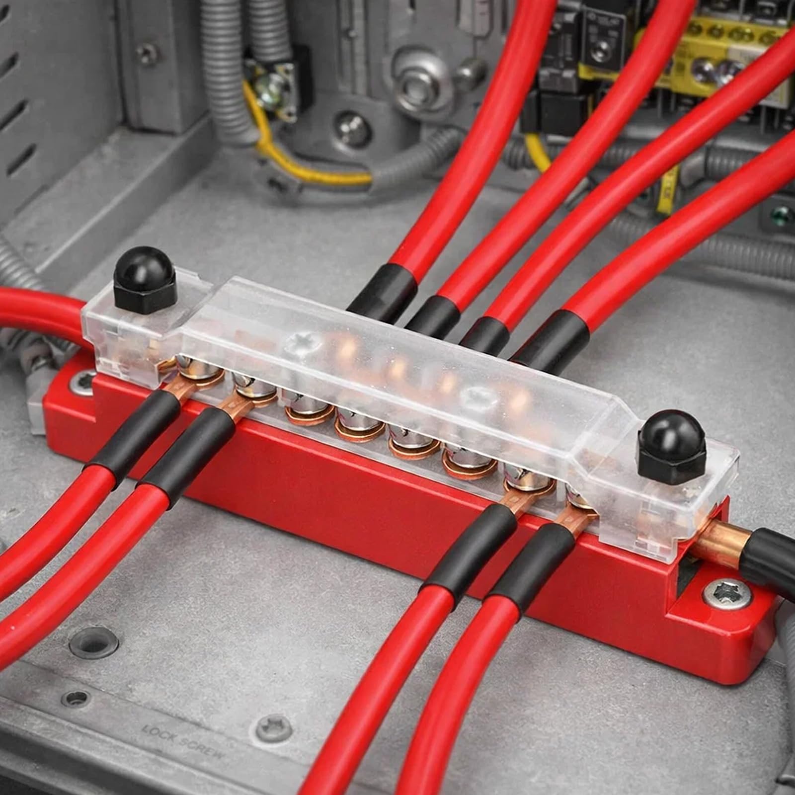 2er-Set Sammelschienen-Verteilerblock 6x M4 & 4x M6 – 150 A, 12–48 V, Mit Abdeckung, Rot/schwarz