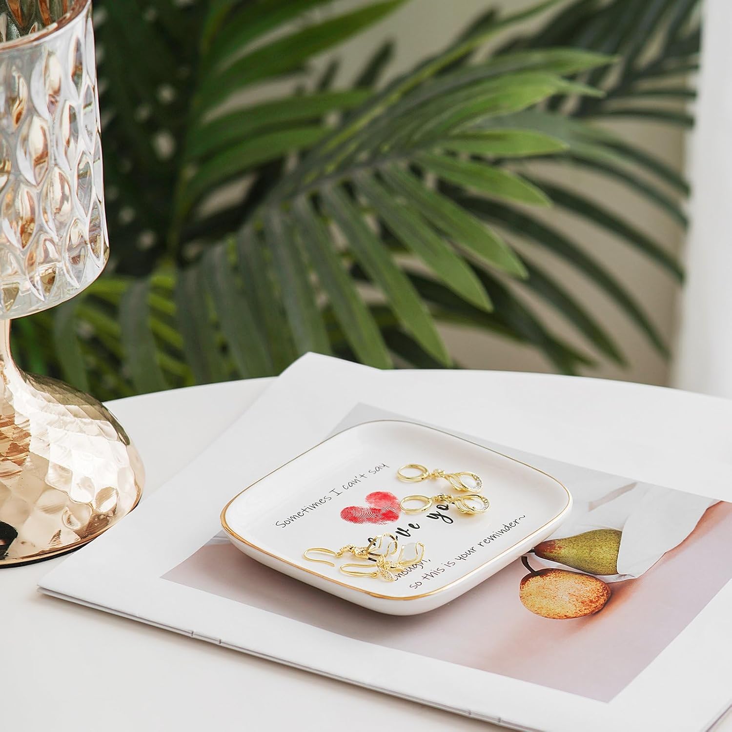 ADDWel Preserved Real Red Rose Bouquet (6 Roses) Bundle with Ceramic Jewelry Tray I Love You – Forever Flowers & Ring Dish Gift Set for Valentine's Day, Anniversary, Birthday