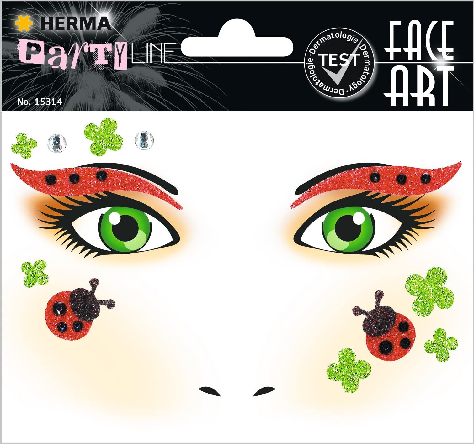 HERMA 15314 Face Art Sticker Ladybird, Dermatologically Tested, Removable Glitter Face Stickers, Temporary Tattoos for Carnival, Halloween, Festival, Children's Birthday, Red Green