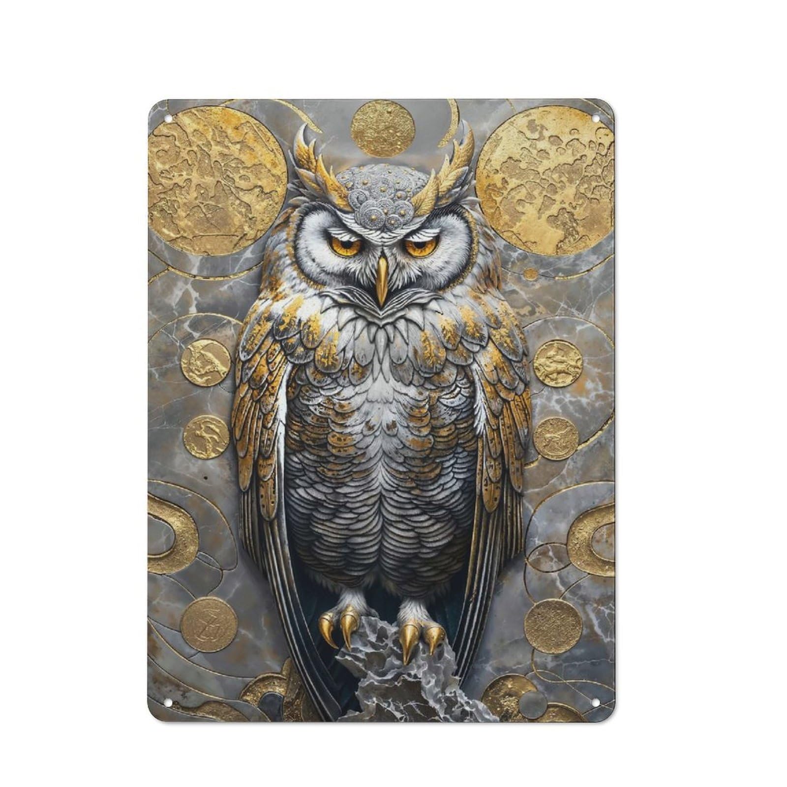 Junmoney Style-23 Vintage Metal Plaque 40X30cm Featuring Golden Owl Guardian Majesty For Hallway Wall, For Wall Display Collectors