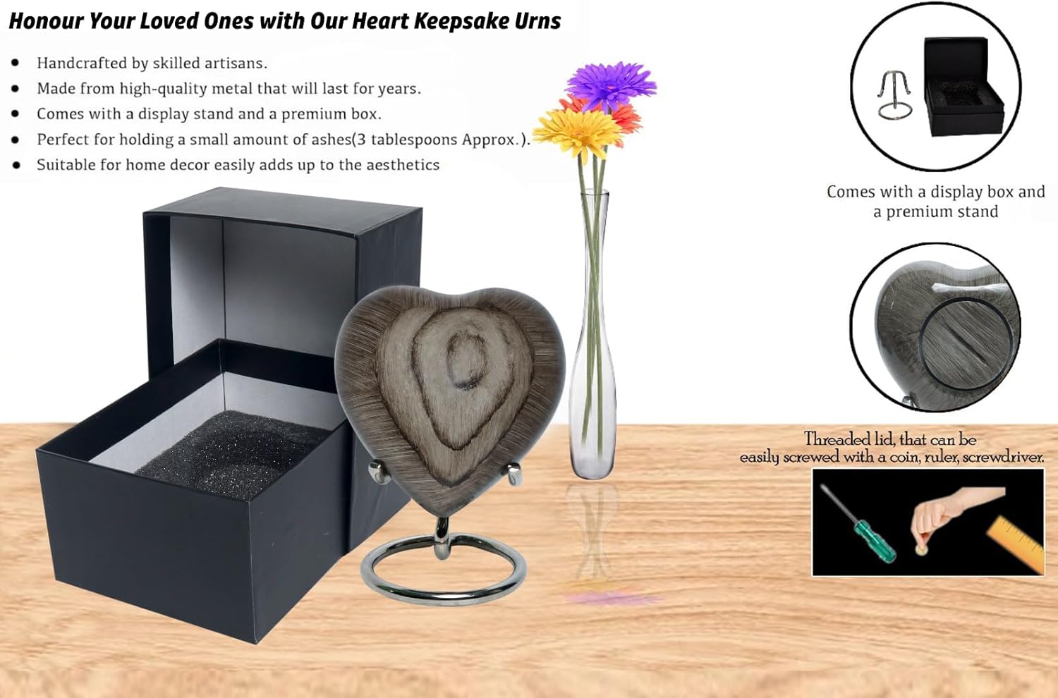 BOLD & DIVINE Wooden Textured Theme Keepsake Urn | Human Ashes Memorial Urn, Burial, Funeral Cremation Urns (Grey Wood, Heart Shape)