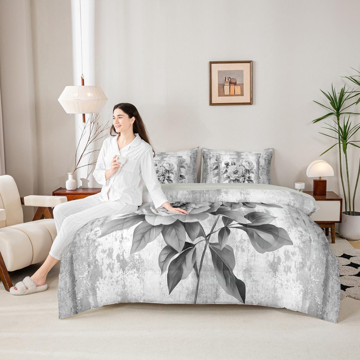 Watercolor Peony Floral King 7-Piece Bedding Set Abstract Oil Painting Comforter Set with Sheets Rustic Farmhouse Bed in a Bag with Flat and Fitted Sheet Gray White Flowers Bedding Sets & Collections
