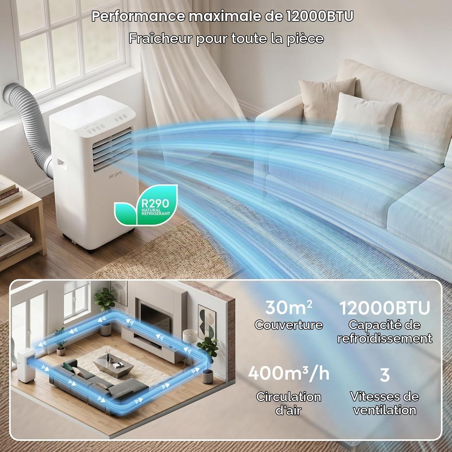 Climatiseur Mobile 12000 BTU 4-en-1 avec Wifi et Télécommande, Minuterie 24H, Kit d'Évacuation pour Fenêtre, Puissant Conditionneur d'Air pour Maison Bureau 30m, White, 12000 BTU