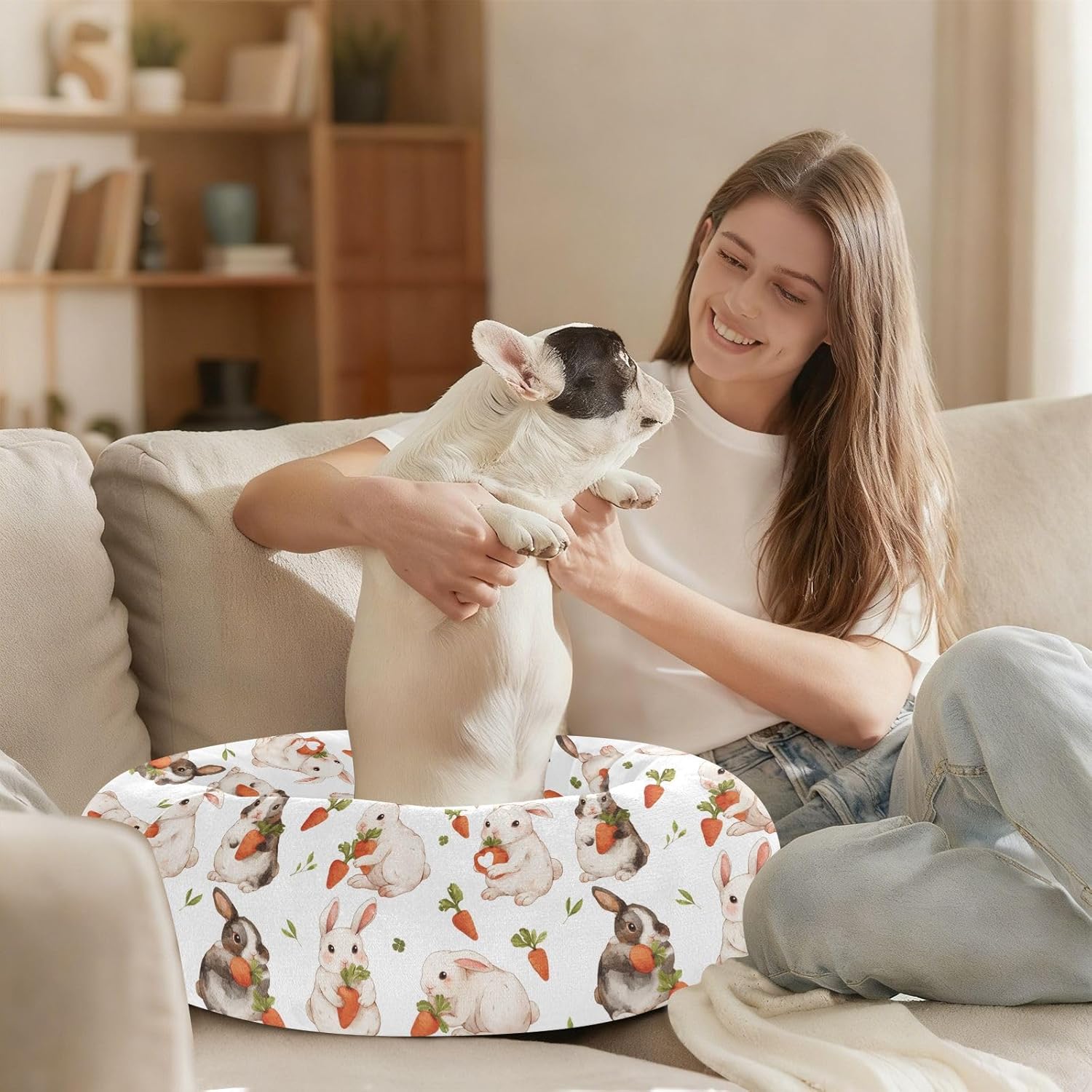 Pet Dog Beds Warm & Soft Fluffy Cat Pillow Bed for Small Size Pets Sleeping M Watercolor Rabbit with Carrot