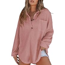 Womens Oversized Waffle Knit Pullover Shirts Button Down Long Sleeve Irregular Hem Tunic Tops with Chest Pocket