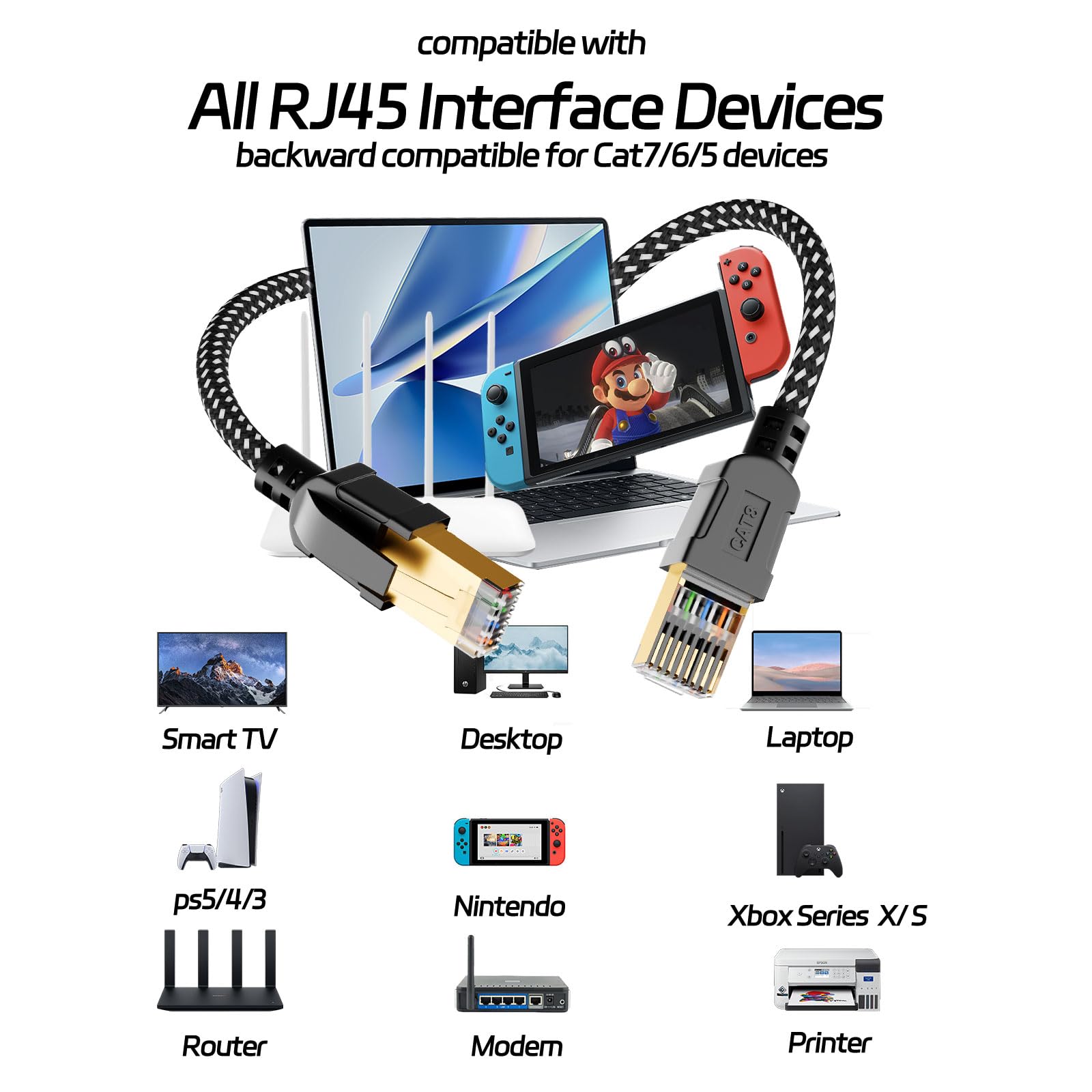 Cable Ethernet redondo Cat8 de 25 pies, cable Ethernet de red de Internet de alta velocidad resistente para interiores y exteriores