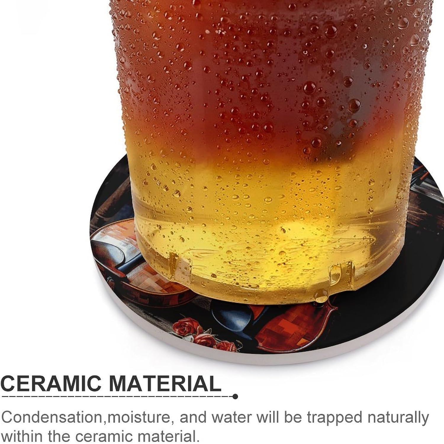 6PCS Violin and Cello Coasters Non-Slip Round Drink Coasters with Ceramic Stone and Cork Base, Heat Resistant Absorbent 33.00Stone Coaster Set for Kinds of Mugs and Cups, 4 Inch