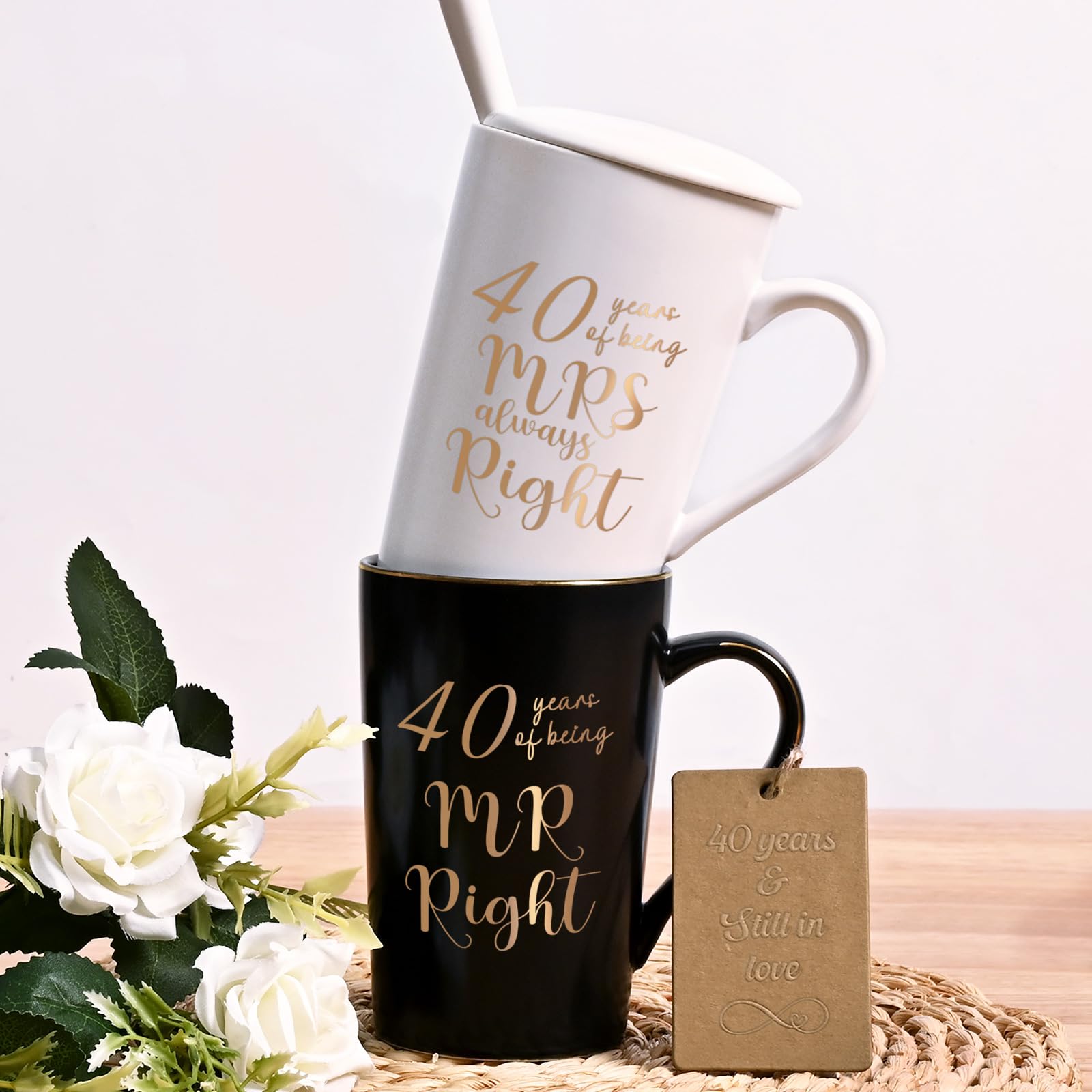 YHRJWN 40th Wedding Gifts, 40 Years of Being Mr & Mrs Always Right Mug Set 14Oz with Lids Spoons and Gift Box, Christmas Anniversary Presents for Parents Couple