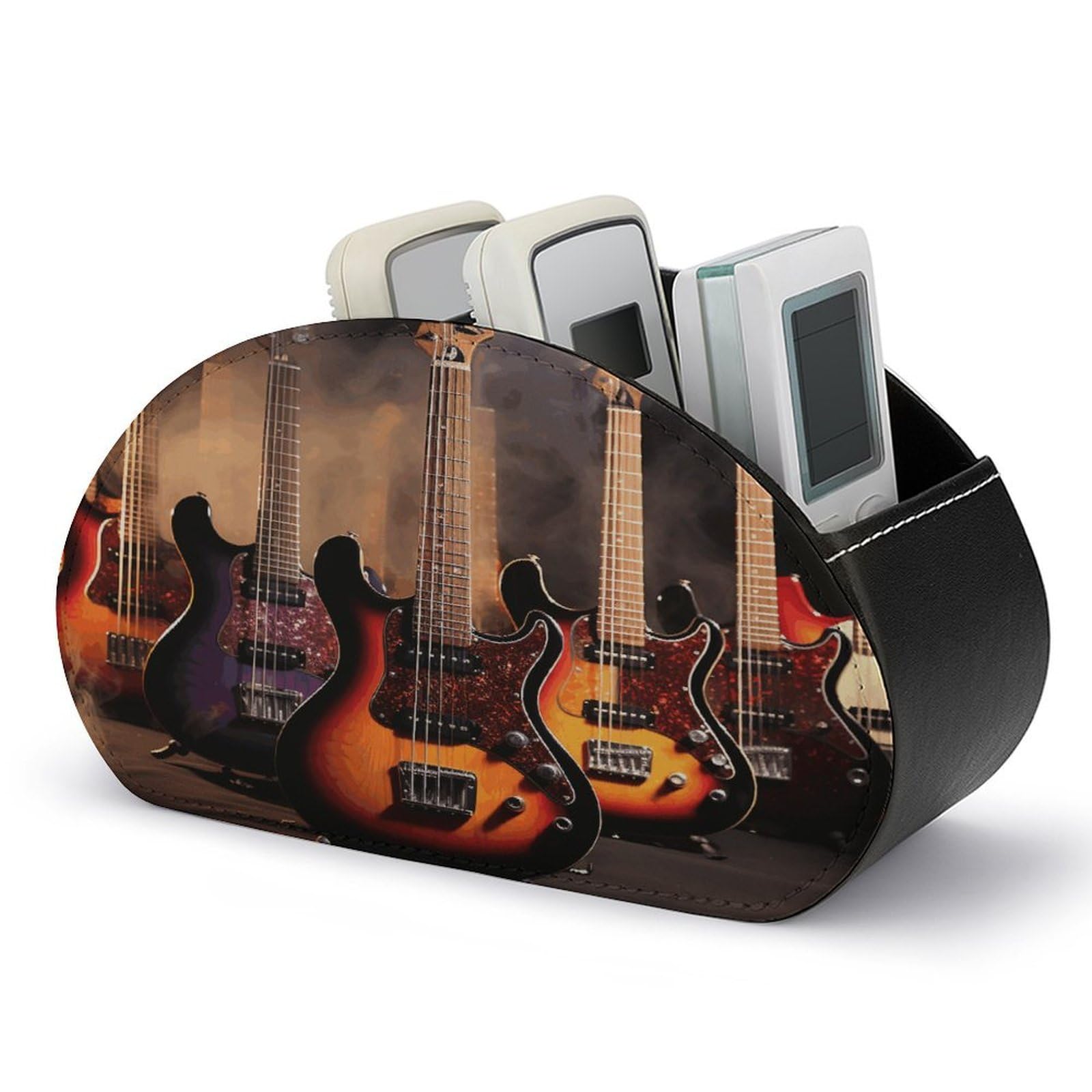 VstaDank Cool Electric Guitar Remote Control Holder with 5 Compartments PU Leather Remote Caddy Desktop Organizer Store TV Remote Control Storage Box for Home Office Desk Nightstand