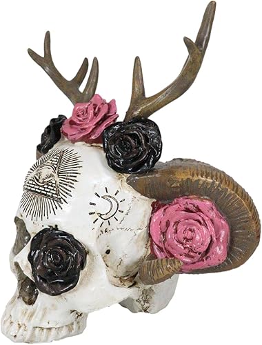 Miniatura 9 de Ebros Gift Wicca Paranormal Pagan The Horned God Ram and Moon Goddess Cuerno Cráneo con rosas rosas rosas y negras Pirámide Ojo de Providencia