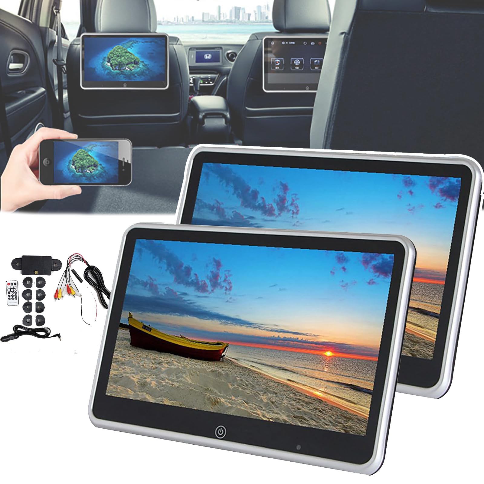 10.1 Inch Car Headrest Display, Full Touch Screen, MP5 Car Entertainment Rear, 9 Languages,Supports USB+Headphone Jack+Speaker, for Rear-seat Entertainment,2pcs