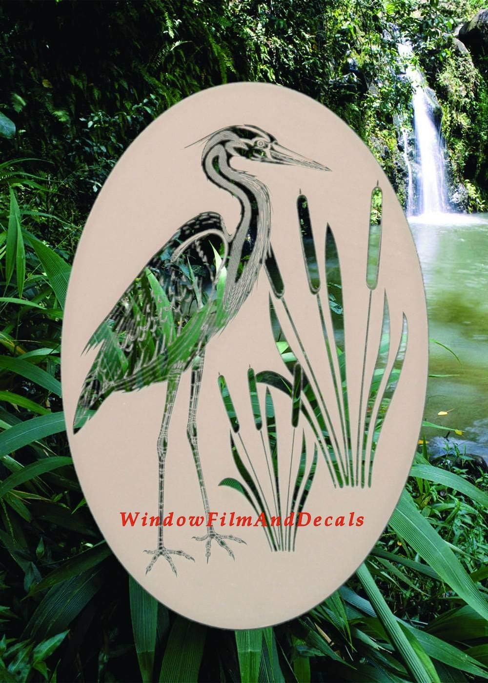 Oval Egret & Cattails Left Etched Window Decal Vinyl Glass Cling - White with Clear Design Elements (4" x 6")