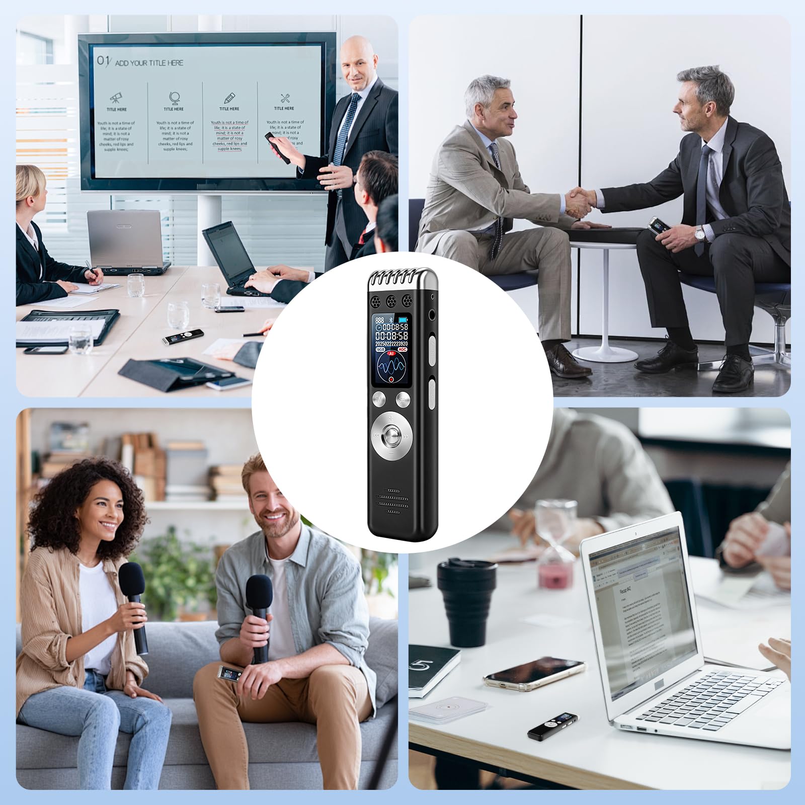 Enregistreur Vocal AI 64GB Professionnel Portable avec Transcription et Résumé, 256 Langues, Contrôle par Application
