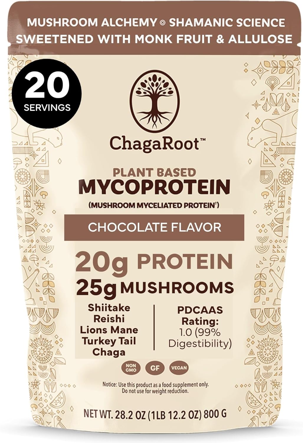 Mycoprotein Mushroom Protein Powder, Chocolate Flavor, 20g Plant Based Protein per Serving, Reishi, Chaga, Lions Mane, Shiitake, Turkey Tail, Vegan, Gluten Free, Coffee, Smoothies, 1.76 lb