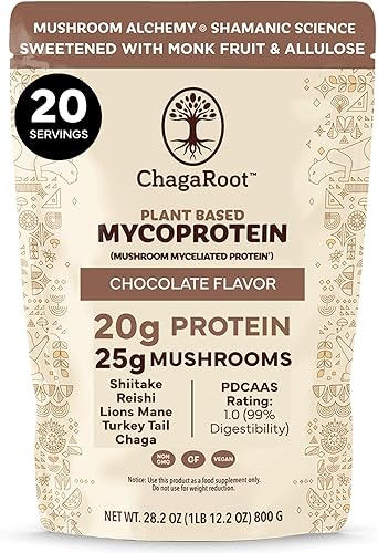 ChagaRoot Mycoprotein Mushroom Protein Powder, Chocolate Flavor, 20g Plant Based Protein per Serving, Reishi, Chaga, Lions Mane, Shiitake, Turkey