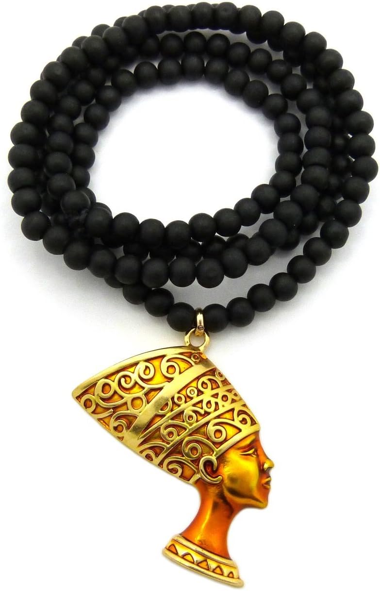 Fashion 21 Egyptian Queen Nefertiti Pendant 6mm 30 inches Wooden Bead Necklace Gold Tone 2 Colors Available
