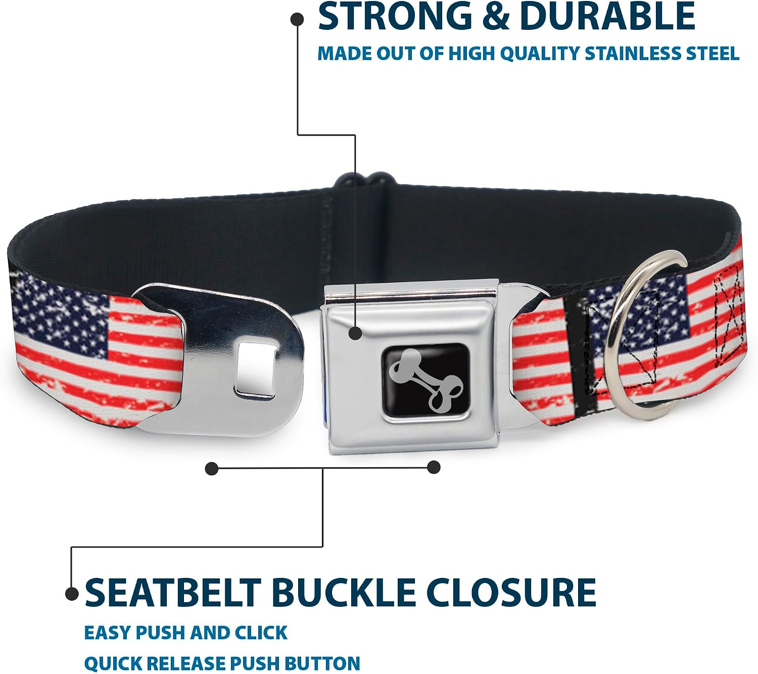 Dog Collar Seatbelt Buckle United States Flags Weathered Black 15 to 26 Inches 1.0 Inch Wide