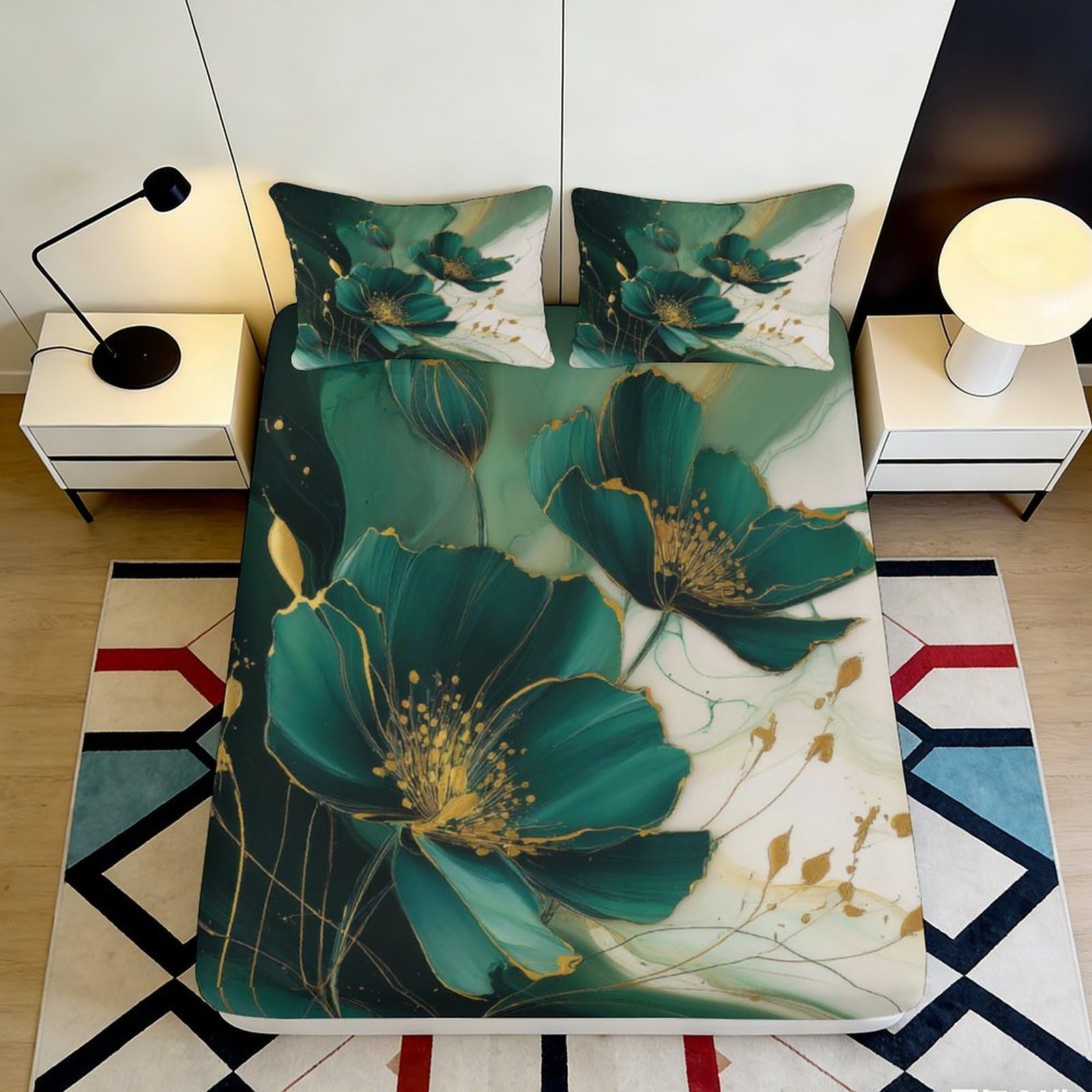 Qjzxknhpgr Style-8 3D Printed Green Floral Fitted Sheet Microfiber Soft Artistic Gold Accent Mattress Cover For Bedroom Guest Room Decor 90X200x25cm