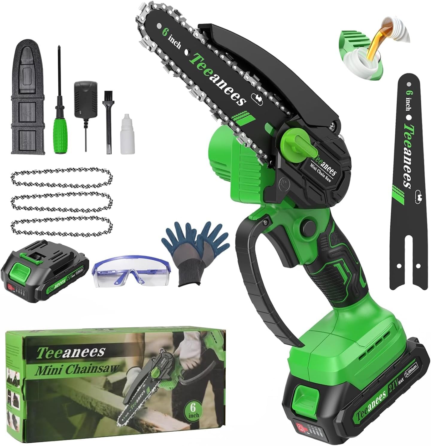 TEEANEES Cordless 6-Inch Mini Chainsaw with 2000mAh Battery & 3 Chains - Lightweight Electric Pruning Saw for Tree Trimming, Wood Cutting, Gardening Gifts