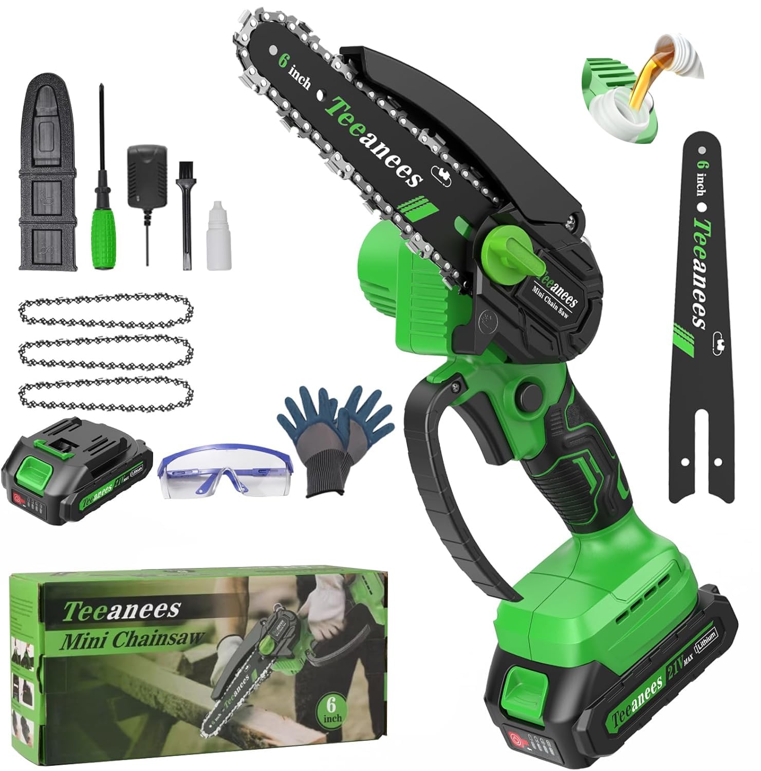 TEEANEES Mini Chainsaw Cordless, 6-Inch Small Electric Chainsaw with 21V Battery & 3 Chains, Hand Held Chain Saw Battery Powered for Wood Cutting & Tree Trimming, Ideal Gardening Gift for Men Dad.
