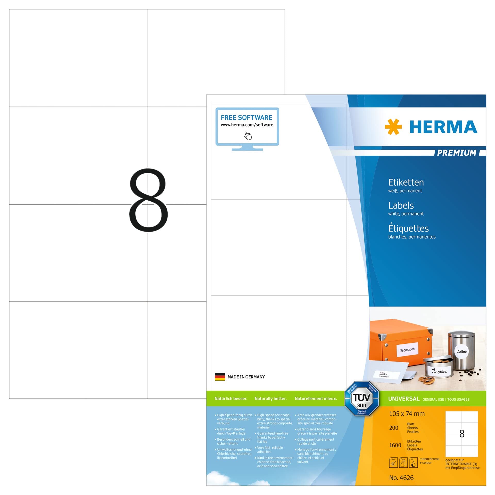 HERMA 4626 Versandetiketten, 200 Blatt, 105 x 74 mm, 8 pro A4 Bogen, 1600 Stück, selbstklebend, bedruckbar, matt, blanko Papier Adressetiketten Aufkleber, weiß