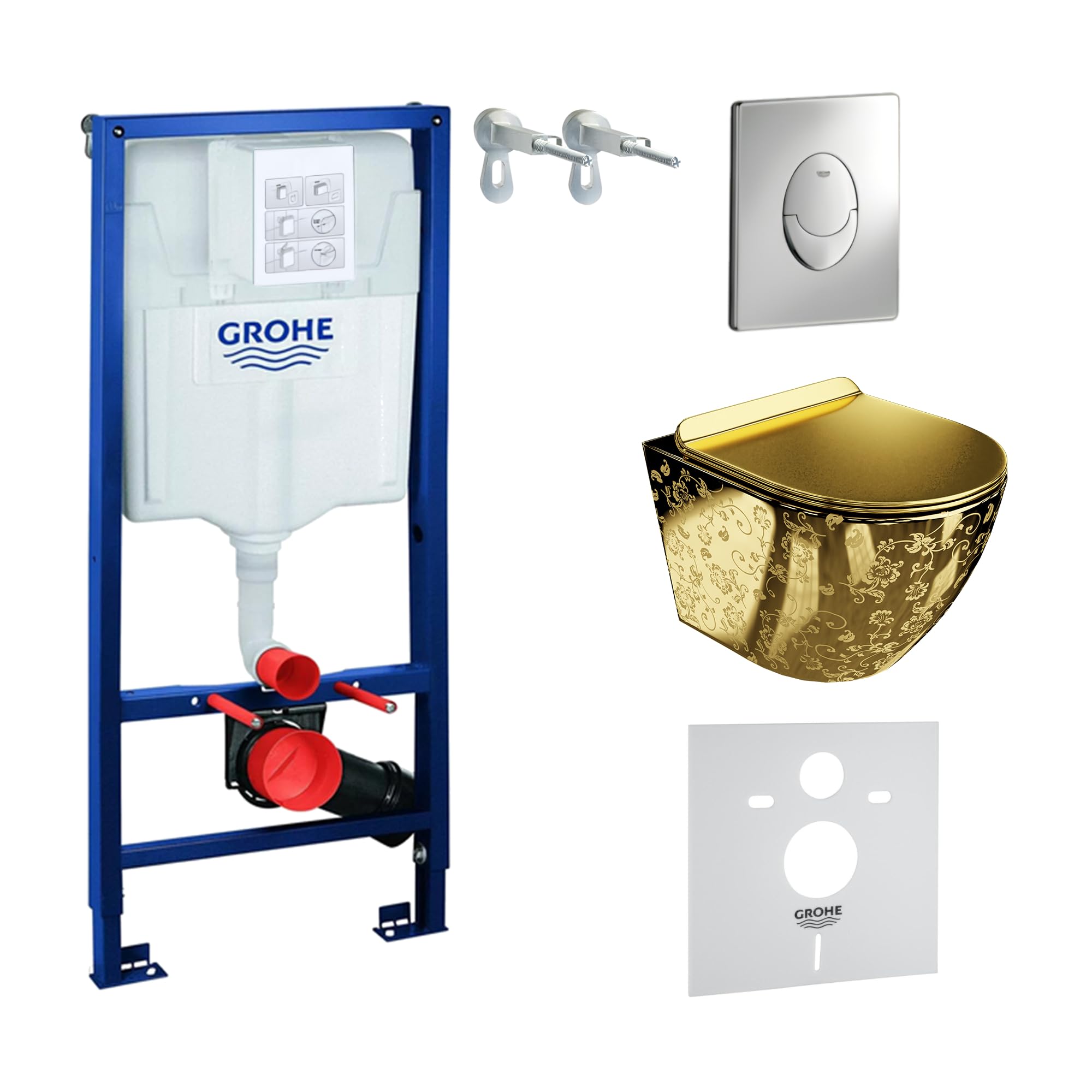 LAVITA Vorwandelement Solido Start + Wand Hänge WC Sofi Slim Golden Eye Gold Spülrandlos + WC-Sitz SoftClose Verchromter Knopf Komplettset Unterputz Spülkasten Toilette Komplett Sett WC