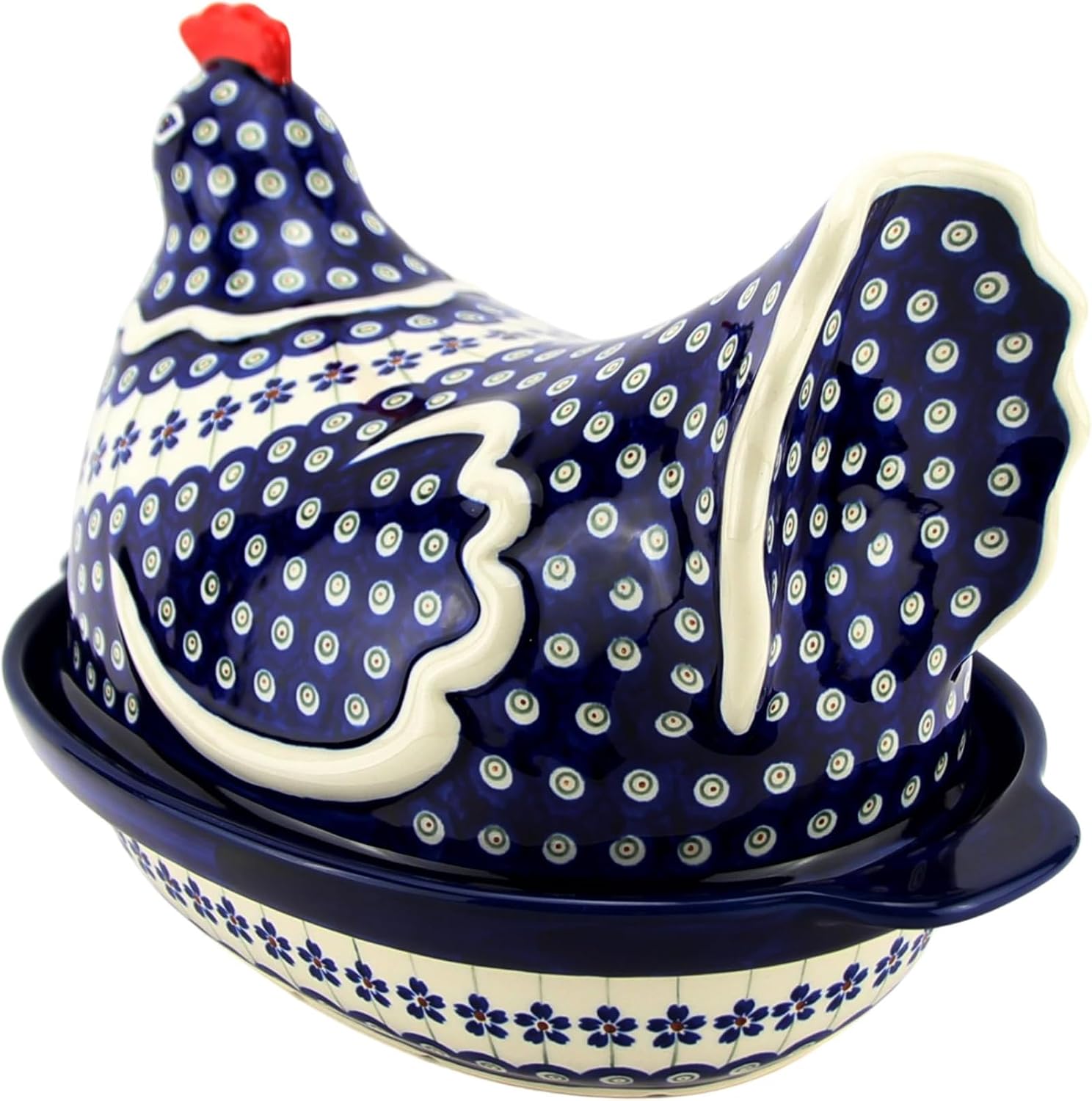 Polish Pottery Market Hen Covered Baker - Handcrafted Polish Stoneware by Zaklady Boleslawiec - Oven Safe - Floral Peacock Pattern