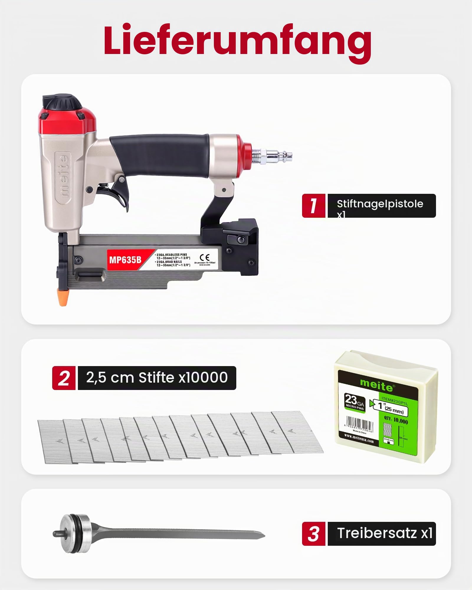 meite MP635B Druckluft Stiftnagler mit 10000 Stück 23 Ga 25 mm Kopflose Stifte, Kompakte für 12–35 mm Länge, Druckluft-Nagelpistole Kompakte für Zierleisten, Bilderrahmen und Feine Holzarbeiten