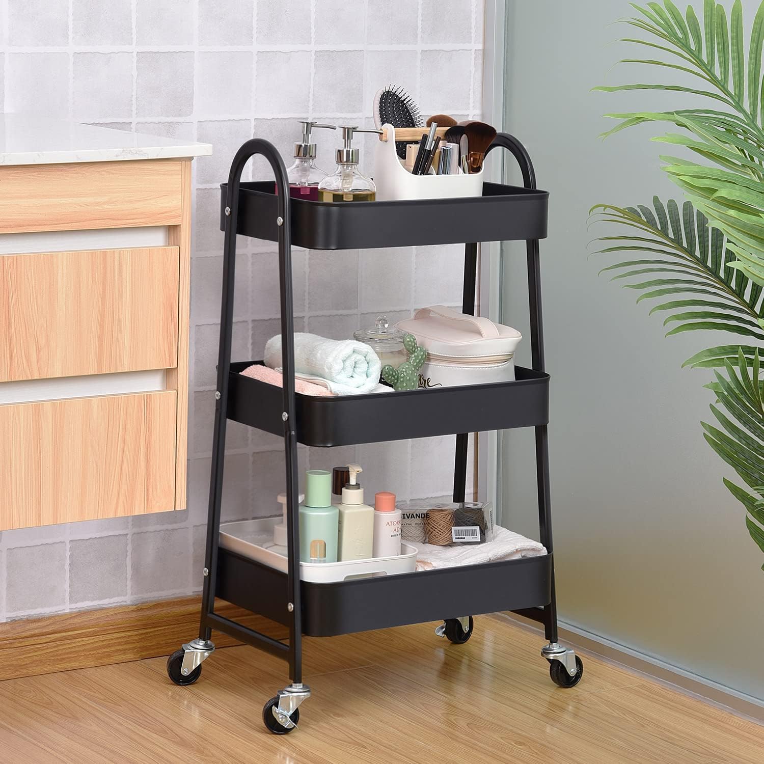 Globalmix Carrello scaffale mobile a 3 livelli, con ruote, con maniglia, 2 freni, cestini in metallo, facile da montare, camera da letto, cucina, ufficio, bagno (nero)