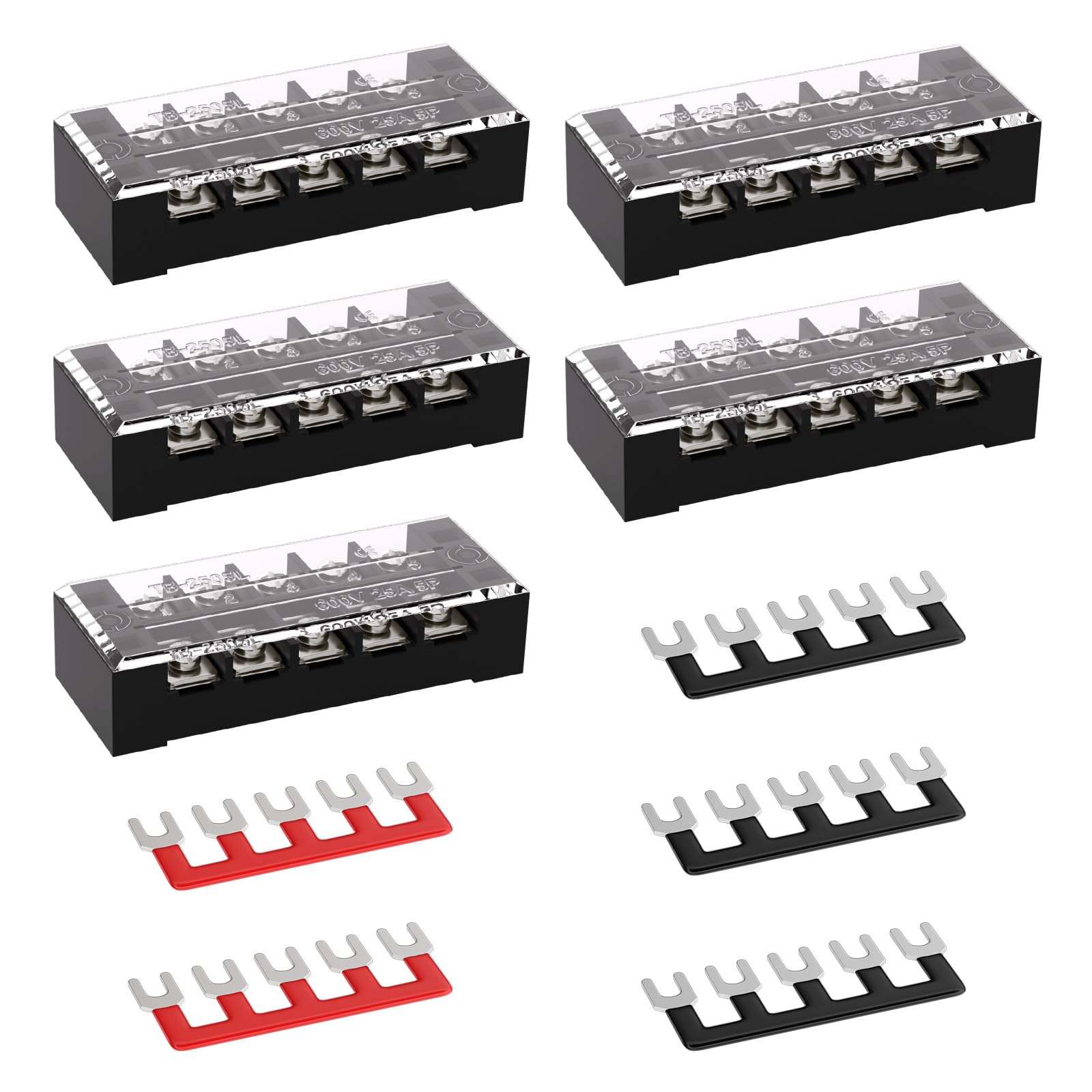 APIELE 25A Screw Terminal Block Covered 5 Position Dual Row 25A 5 Position Pre-Insulated Terminal Barrier Strips (5PCS 25A 5P+5PCS Wiring Strips)
