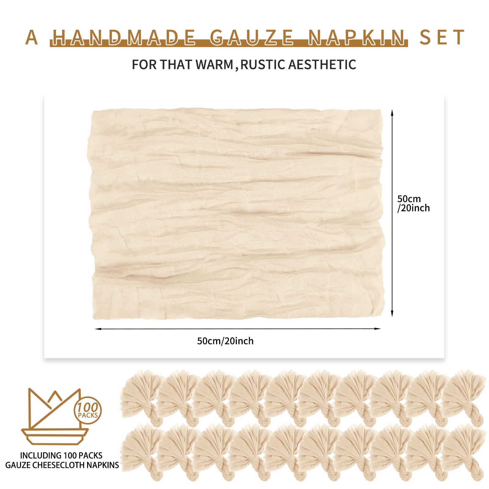 Teruntrue Juego de 100 servilletas de tela de queso champán, juego de 100 servilletas de gasa lavables bohemias para mesa de cena, bodas, fiestas, baby shower, decoraciones de fiesta de cumpleaños, 20