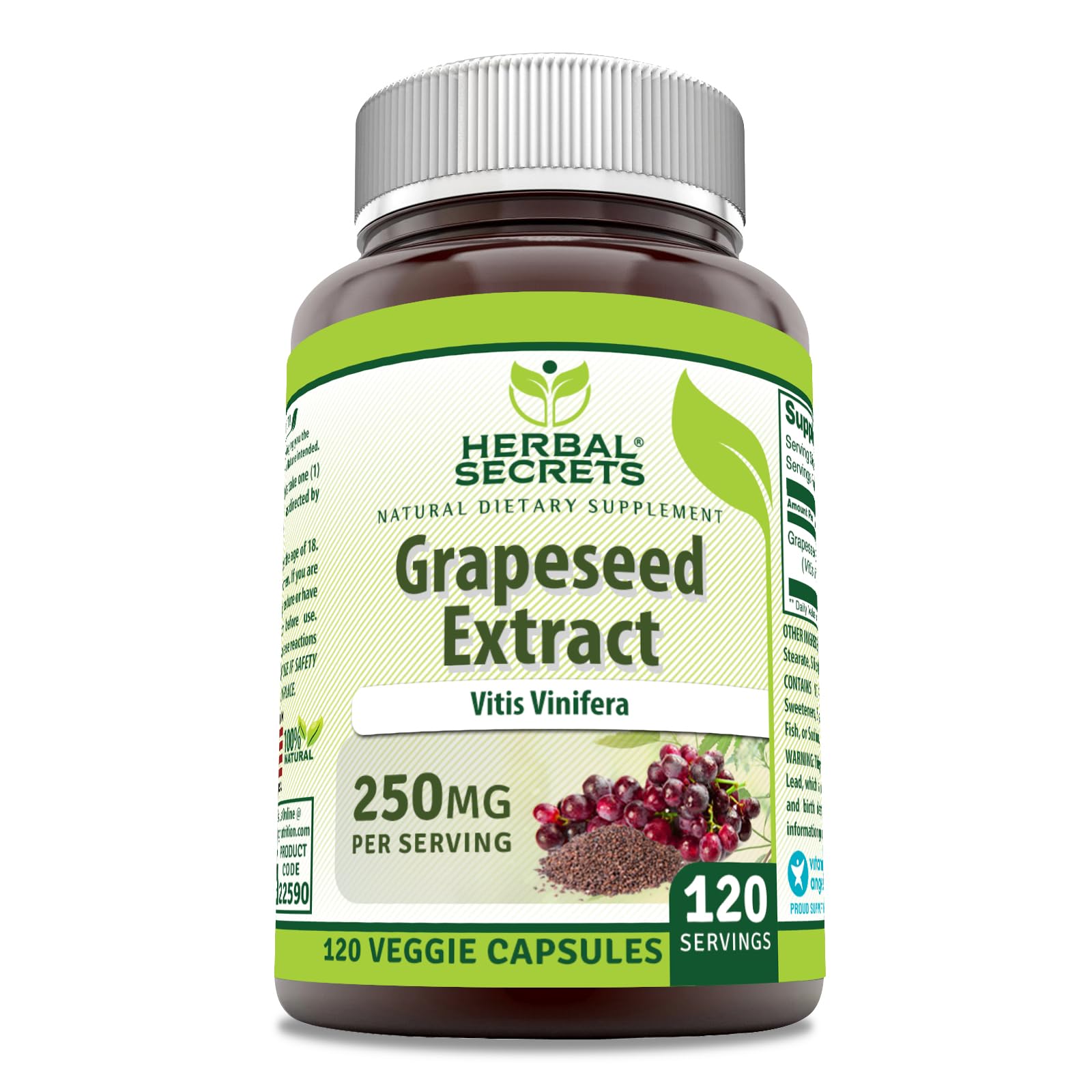 Herbal Secrets Grapeseed Extract Supplement | 250 Mg per Serving | 120 Veggie Capsules | Non-GMO | Gluten-Free | Made in USA