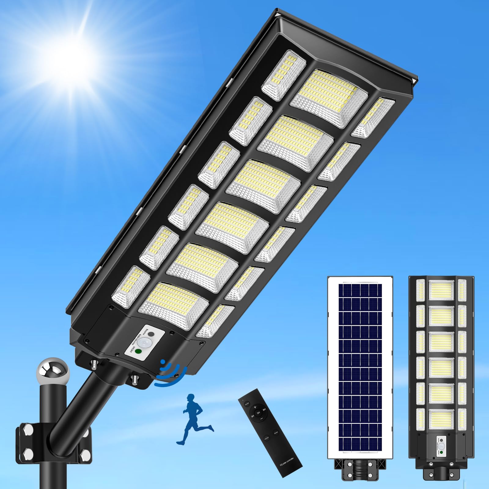 Viugreum 2000W Lampione Solare Led Esterno, 200000LM Lampione LED con Pannello Solare, 6500k Luci Solari, IP67 Impermeabile Lampioni Solari con Sensore di Movimento e Telecomando per Giardino Sentieri