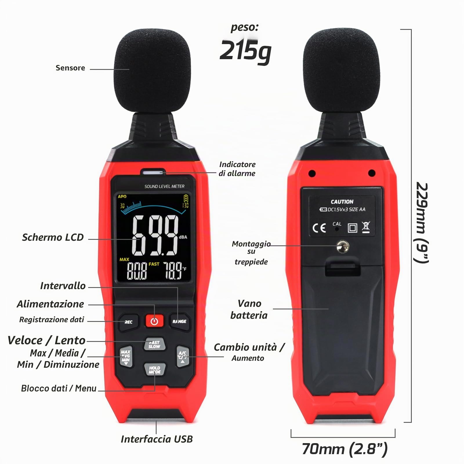 Decibel Meter con registrazione dei dati Sound Decibel Meter Data Logger, 30 ~ 130dB Misuratore di livello sonoro con allarme visivo acustico, misuratore del suono con dati di esportazione,