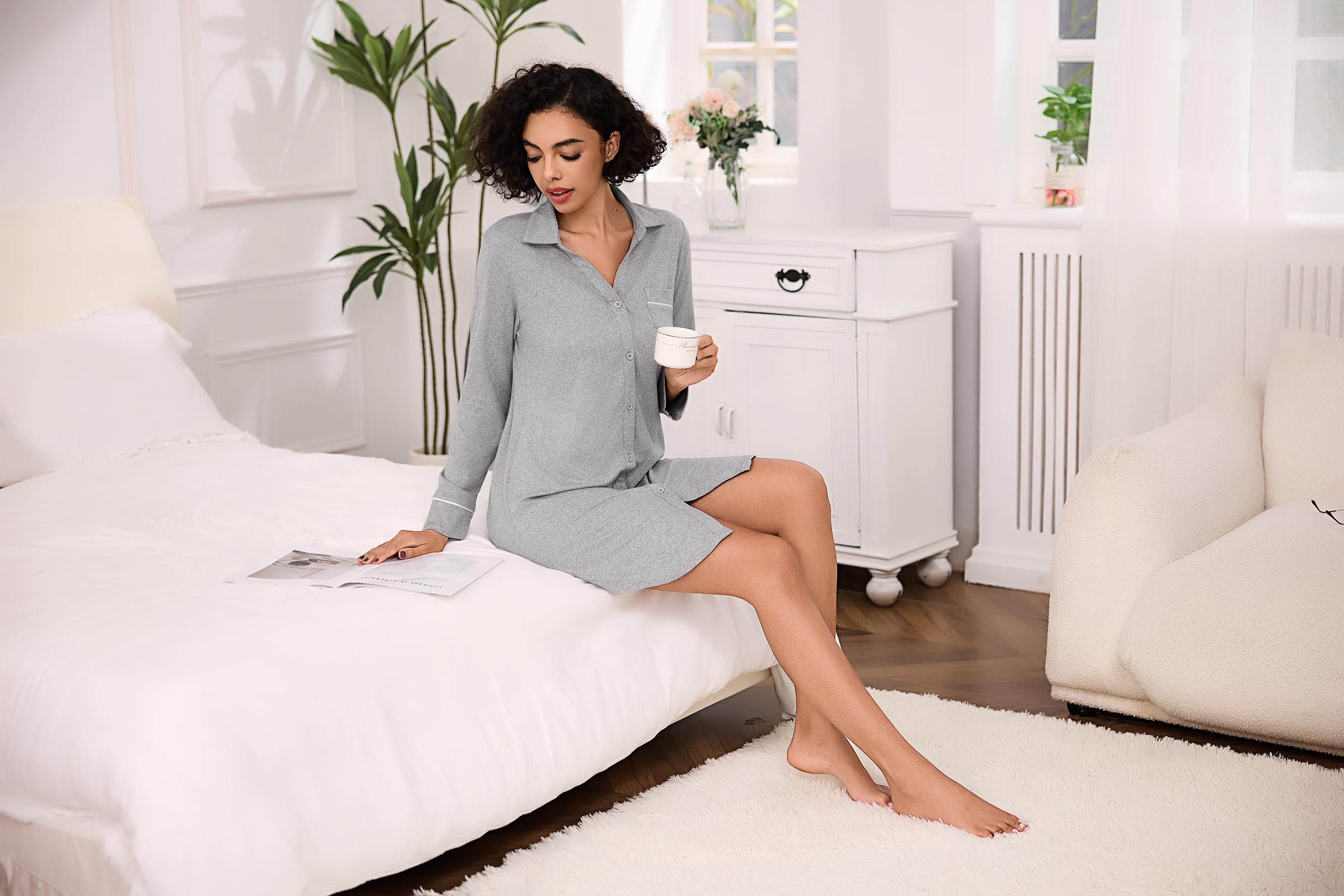 Bresdk Camicia da Notte Donna Aperta Davanti Invernale Cotone Manica Lunga Pigiama con Bottoni Loungewear Parto Ospedale Allattamento Premaman