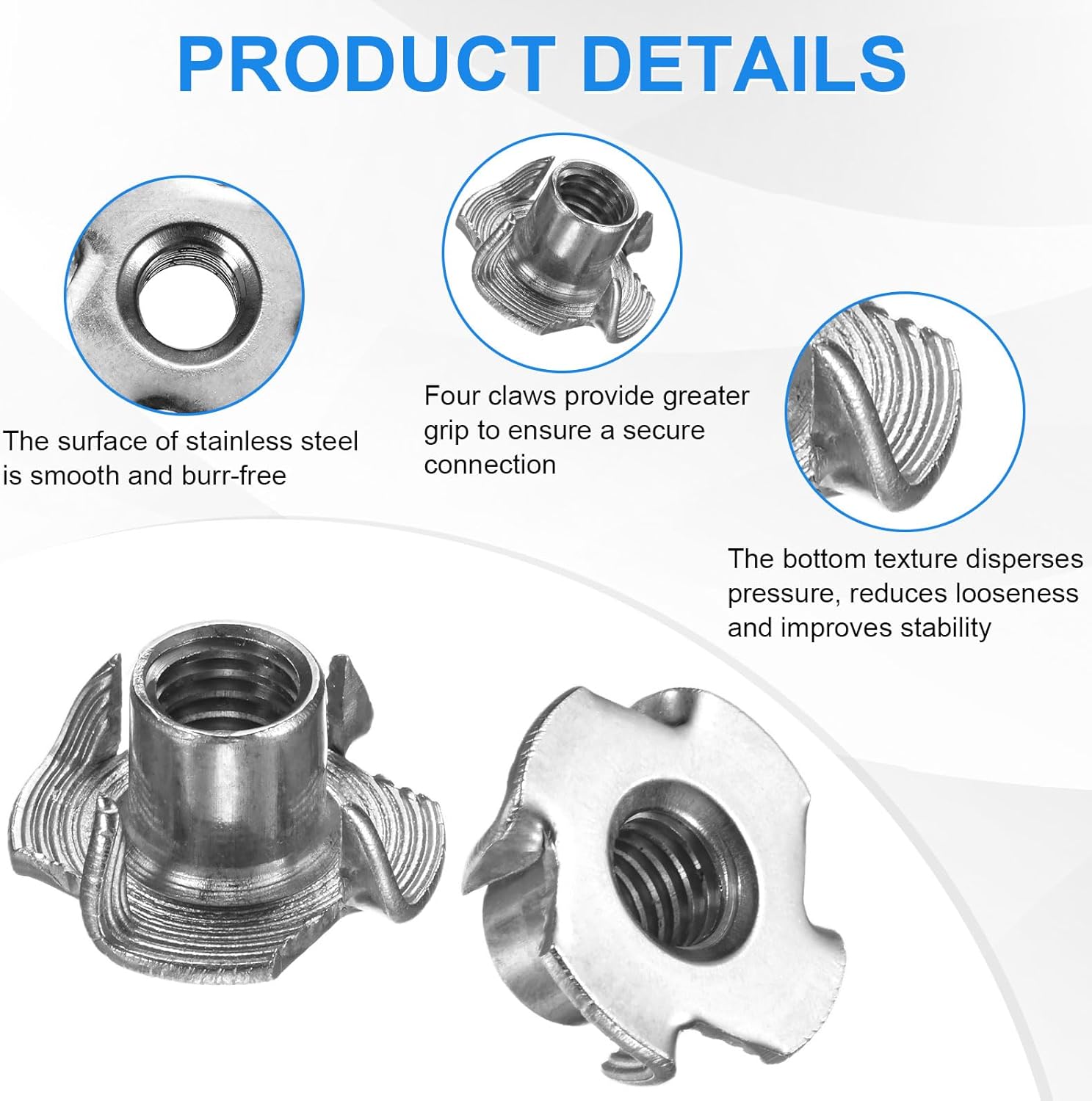 20-Pack M8x11mm T-nut, Stainless Steel 4-Pronged Tee Nut Threaded Insert for Wood/Rock Climbing Holds/Furniture, Corrosion Resistant Fasteners