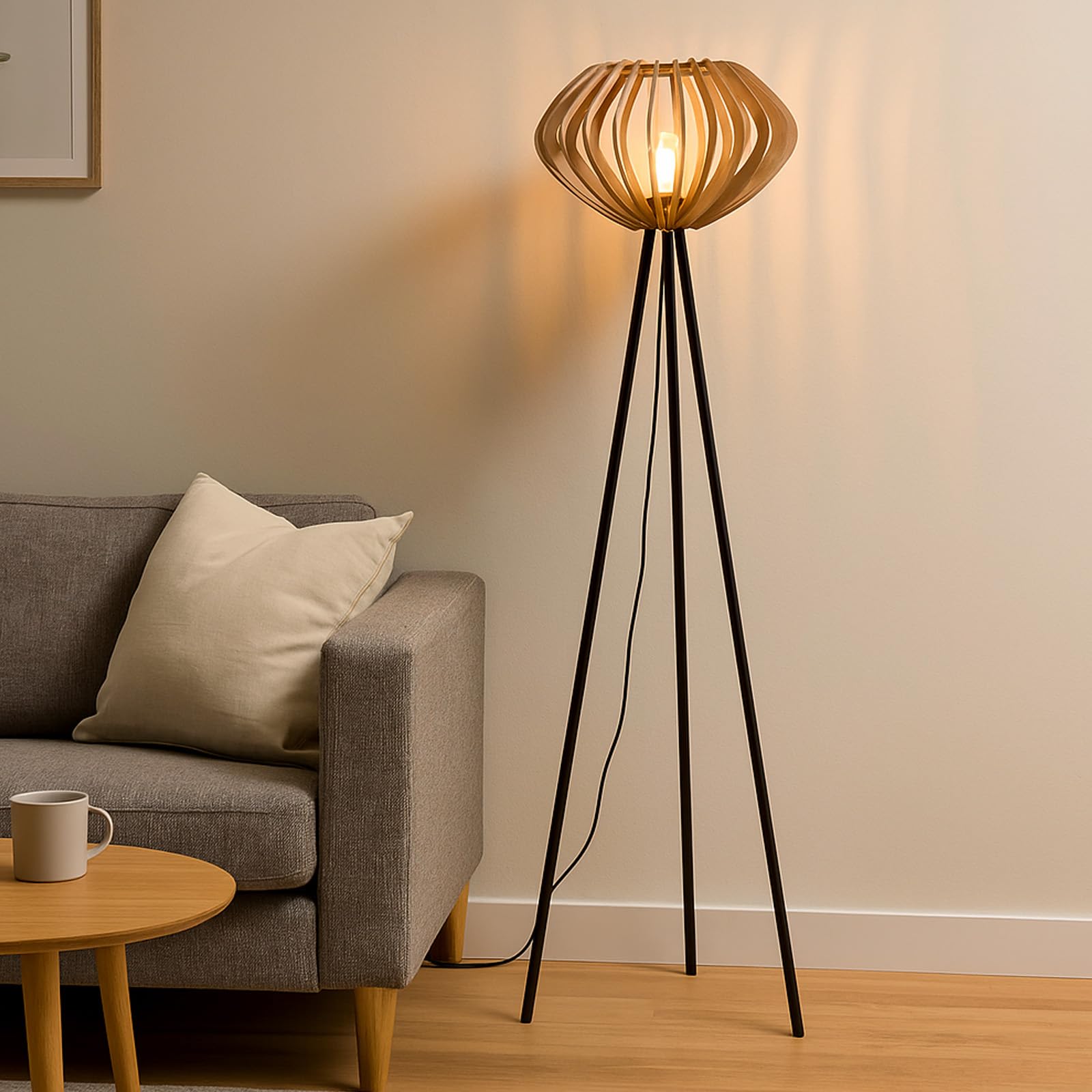 Alpinaluz Lampadaire Trépied Noir – Abat-Jour en Bois Laminé Ø48 cm, Hauteur 152 cm, Douille E27, Câble 3,8 m avec Interrupteur au Pied pour Salon ou Chambre