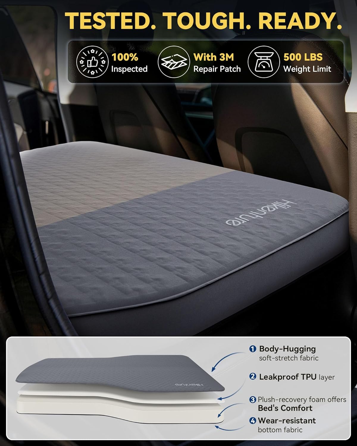 Hikenture Camping Mattress for Tesla Model Y, Electric Pump Self Inflating Sleeping Pad, 4” Thick Foam & Air Model Y Mattress Bed, 9.5 R-Value Insulated Camping Pads for Tesla