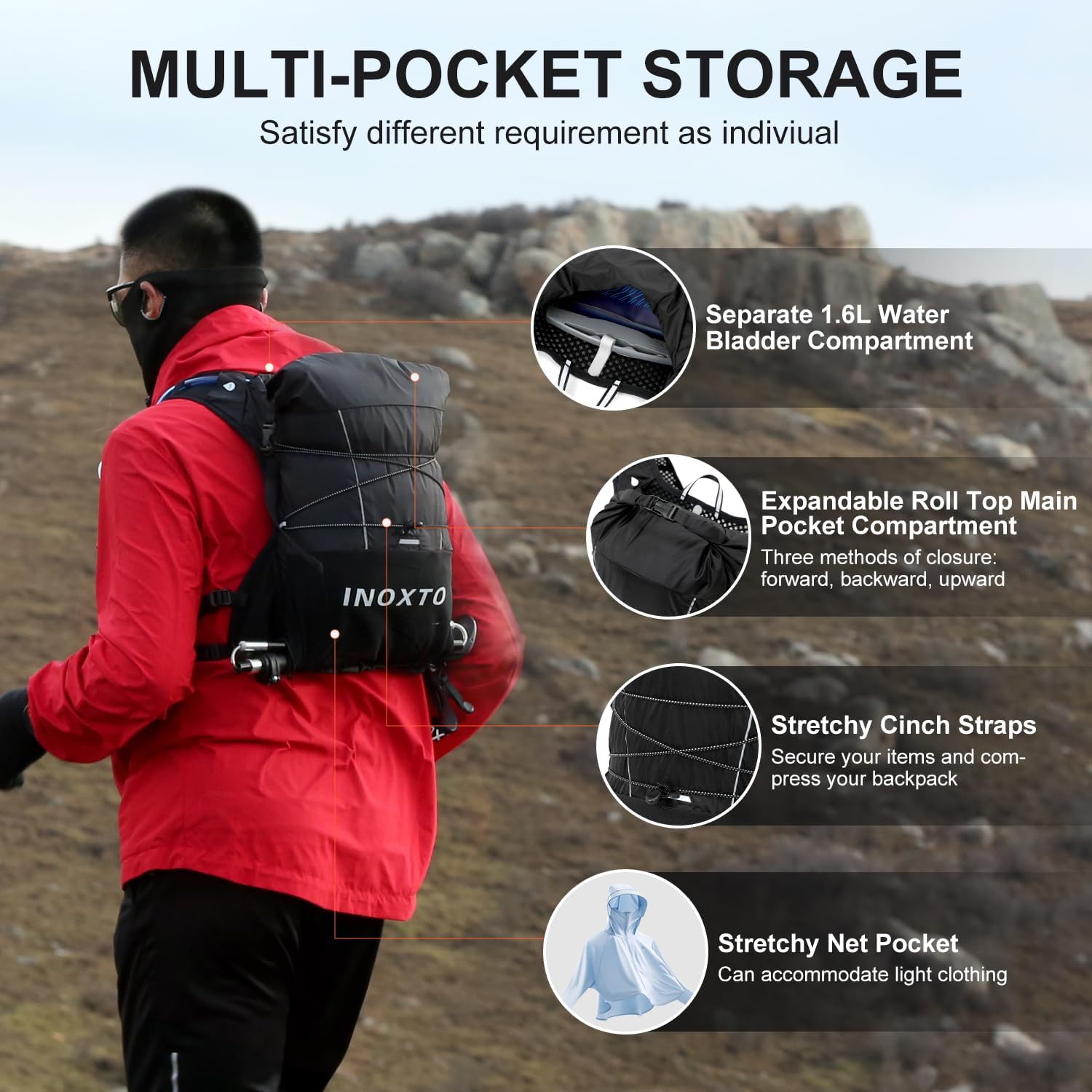 IX INOXTO Running Vest Hydration Backpack, Lightweight Running Backpack Hydration Pack with 1.6L Water Bladder Daypack for Trail Running Hiking Cycling Race Marathon for Women Men - Image 4