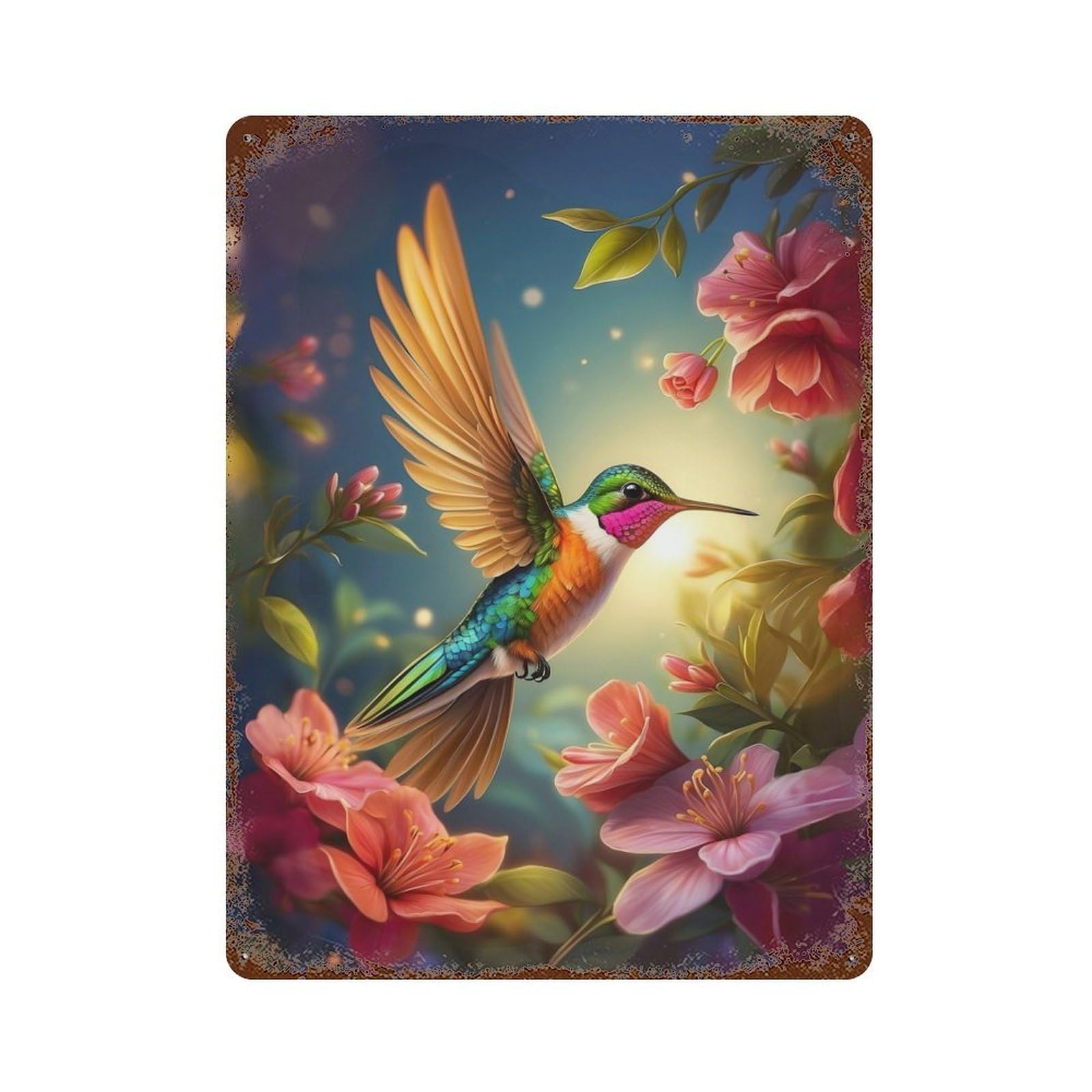 Vintage Rust Metal Sign with Enchanted Hummingbird Design 15.7"x11.8", for Garage, Bar And Workshop Decor, Retro Wall Decor