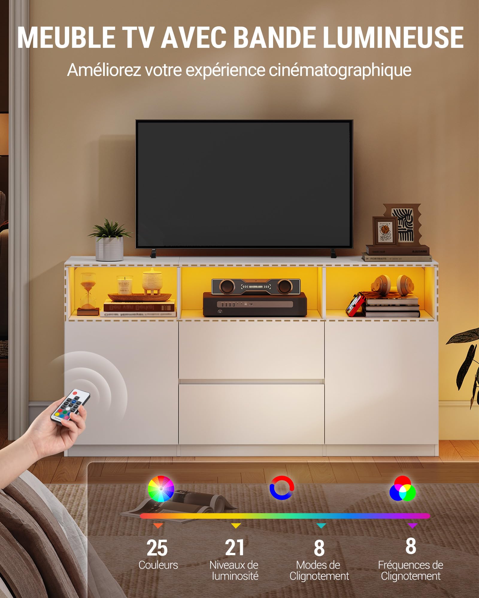Hzuaneri Meuble TV avec LED RGB et Télécommande (25 Couleurs) Sideboard, 147 cm Banc Télé pour Téléviseurs jusqu'à 65", 2 Espace de Rangement Ouvert, pour Salon, Chambre, Blanc TV17003XEU